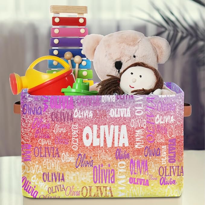 Custom Storage Baskets with Name, Bling Glitters Colorful Red Yellow | Organizing Boys Girls Pets Toys Closet Shelf Clothes Books