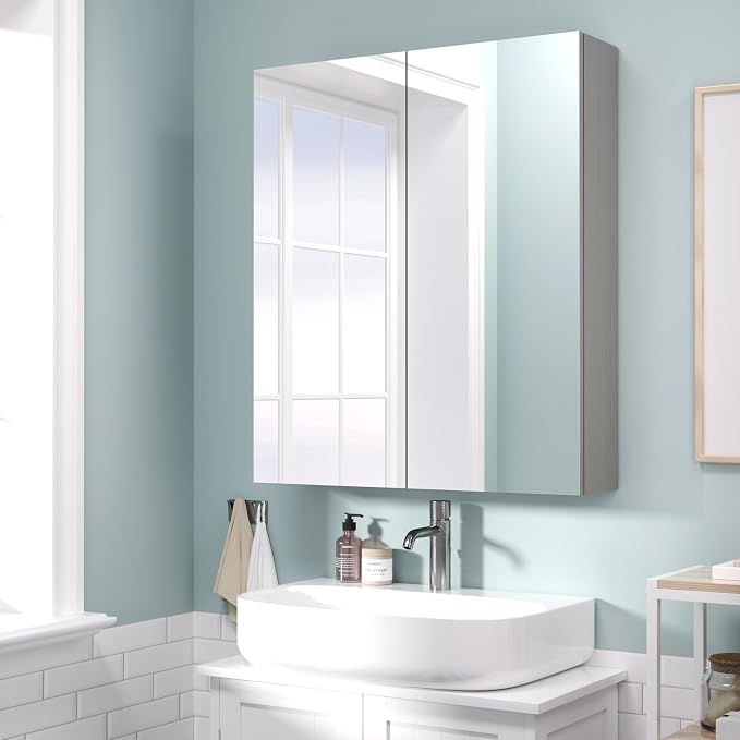 28x24 inch Bathroom Wall Cabinet, Saver Storage Cabinet, Medicine Cabinet with 2 Door and Adjustable Shelves, Grey（Assembly Required）