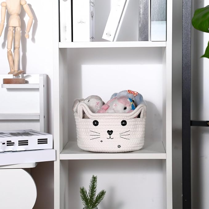 Zopeal Cat Woven Gift Basket, 8.3 x 4.7 Inch, white | Cute Cotton Rope Organizer with Handles for Toy Box, Nursery Decor, Decorative Bin, Pet Supplies Holder, Desk Storage