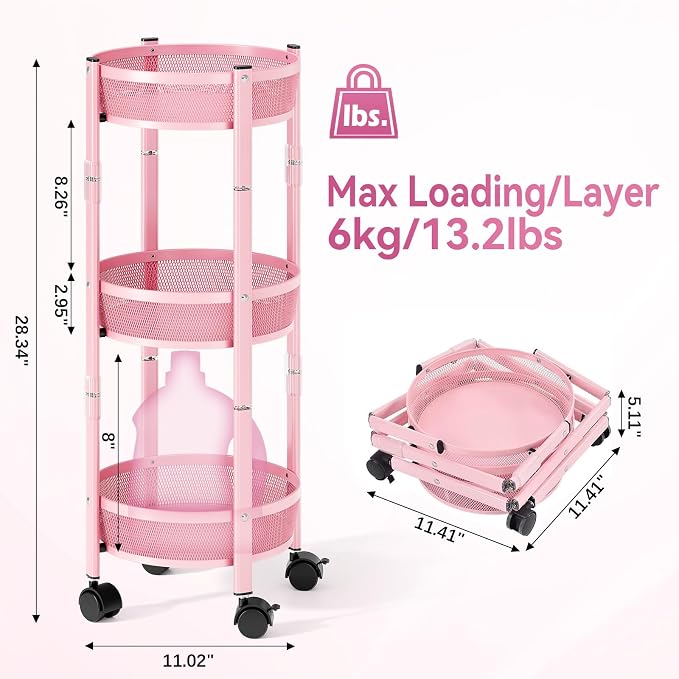 TOOLF 3 Tier Foldable Rolling Cart, Metal Utility Storage Cart, Pink | Assembly-Free, Lockable Wheels, Round Trolley Organizer for Bathroom, Kitchen, Office, Dorm, Laundry, Craft Room