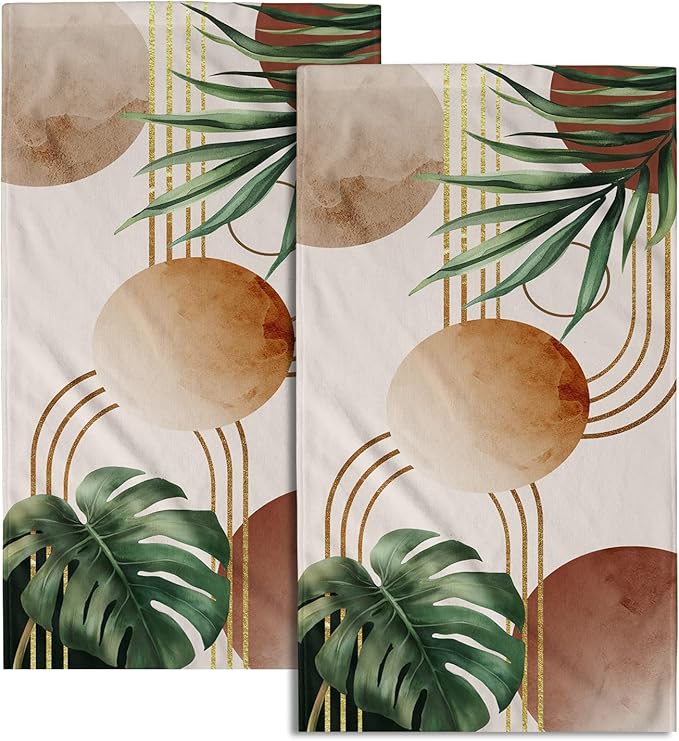 Giwawa Boho Tropical Leaf Towel Set of 2 Mid Century Abstract Gold Line Sun Hand Face Fingertip Towel Quick Dry Absorbent Dish Wash Cloth for Hotel Bathroom Gym Home Spa Decoration