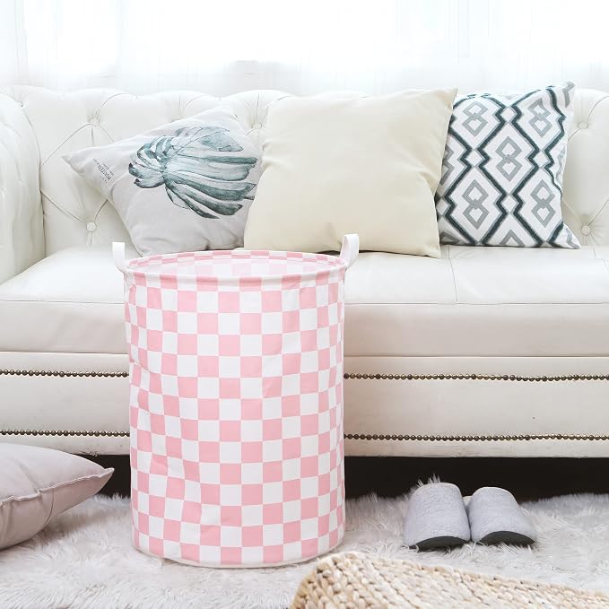 Sea Team Large Canvas Laundry Basket with Handles, Pink Grids | Collapsible Fabric Laundry Hamper, Closet Shelf Organizers, Containers for Clothing, Blankets, Toys, Bedding, 19.7 x 15.7”