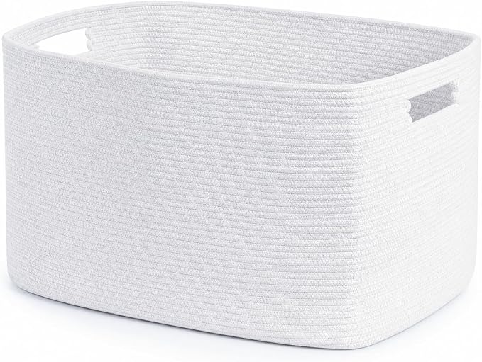 Cotton Rope Laundry Basket Small, 12.8GAL Collapsible Woven Storage Baskets for Living Room Kids Toys Stuffed Animal,Boho Rectangular Decorative Short Hamper for Dirty Clothes, Blankets Pure White