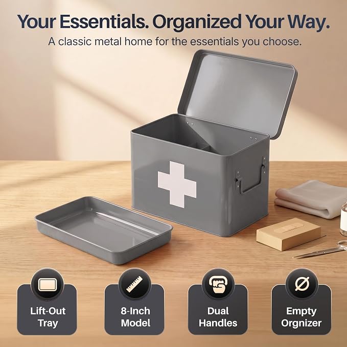 Flexzion Large Metal First Aid Box Empty, 8.5-Inch, Gray with White Cross | Vintage Medicine Box and First Aid Storage Organizer with Removable Tray and Dividers; Empty Box Only, Supplies Not Included