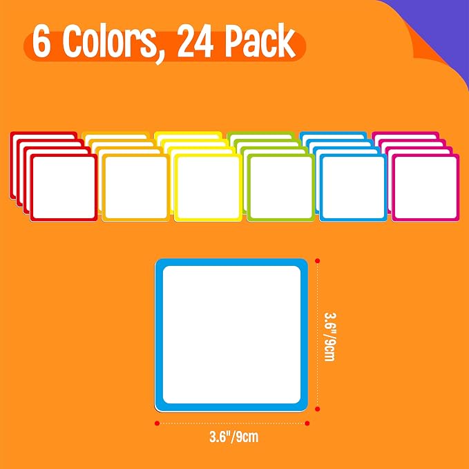 Magnetic Blank Labels, 24 PCS Dry Erase Reusable Neon Name Tag Magnets with Colorful Frame in 6 Colors for Whiteboard, Locker, Fridge, School, Office, Home (Each Measures 3.6" x 3.6")