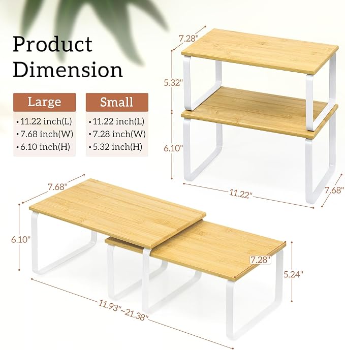 JMLHMXC Cabinet Storage Rack, 2-Piece Kitchen Countertop Shelf, Kitchen Storage Rack, Spice Rack, Stackable, Expandable - White Legs