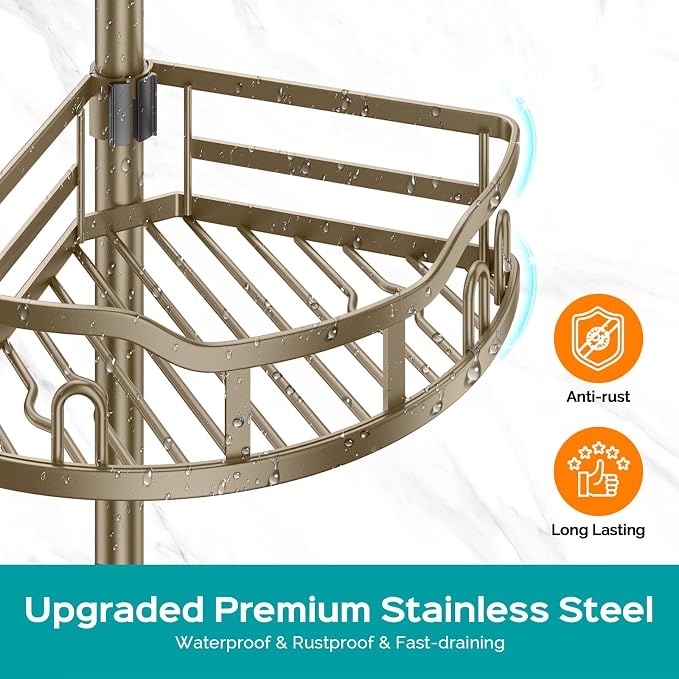 HAMITOR Shower Caddy Corner Tension Pole Adjustable No-Drill Bathroom Shelf | Rustproof Storage 4-Tier Shelves, 47-121 In Rod, With Hooks Towel Bar, Large Capacity Rv Dorm Needs, Home Decor, Tan Khaki
