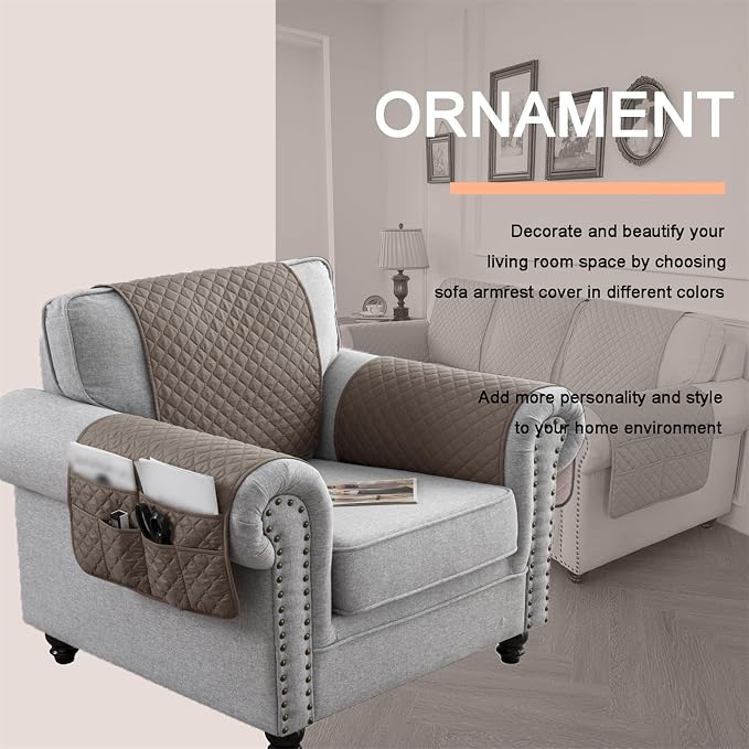 Water-Resistant Sofa Armrest and Headrest Covers with Side Pocket | Keep remotes close quilted polyester helps guard against wear, pet scratches, and kids' messes silicone backing adds grip