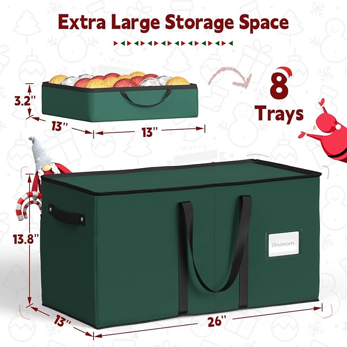Sunvigor Christmas Ornament Storage Box with 8 Trays, Fits 128 Holiday Ornament Christmas Storage Container with Adjustable Dividers, Dual Zipper, 600D Oxford Christmas Decorations Storage(Deep Green)