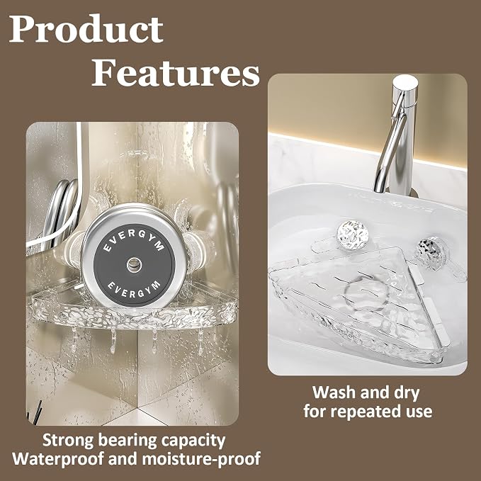 Corner Shower Caddy Suction Cup, Wall Mounted Suction Shower Rack Organizer, No Drilling Shower Shelf, Clear Basket with 4 Movable Hooks, Bathroom Storage Rack (clear, 90°corner)