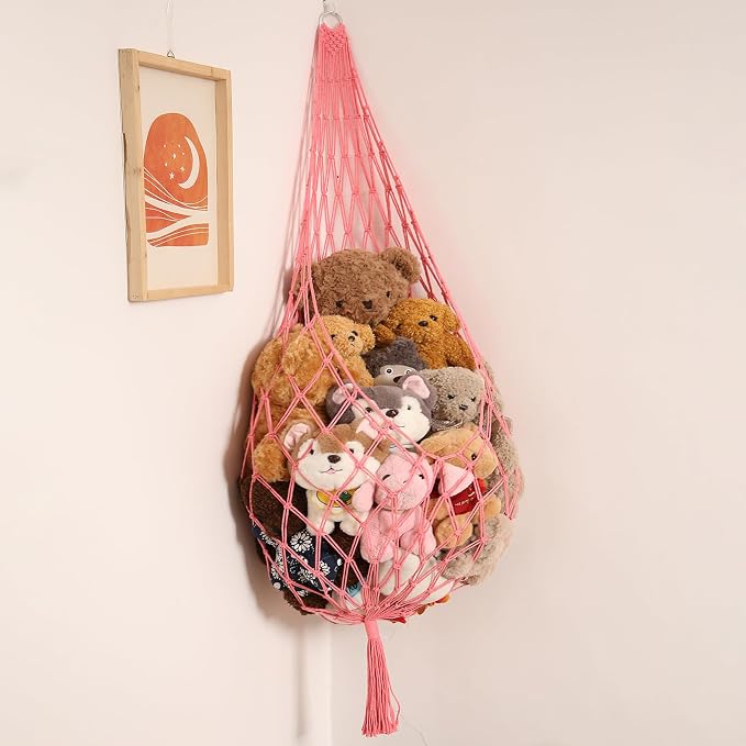 Amdermi Stuffed Animal Net or Hammock Corner Hanging Net for Stuffy Animal Storage Macrame Toy Display Plush Toy Holder Wall Pet Net for Nursery Kid Bedroom Decor Playroom Organizer (Pink XL)