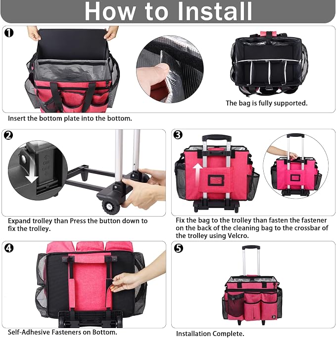Rolling Cleaning Caddy Bag Built-in Hard Plastic Sheet Detachable Trolley | Aluminum foil lining, Adjustable dividers Adjustable Shoulder Strap and Multiple Storage Pockets