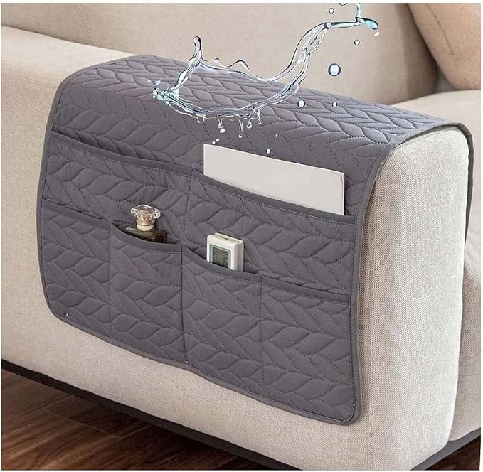 Sofa Armrest Organizer Waterproof Armchair Caddy for Couch Holder Recliner Non Slip with 6 Pockets Magazine Covers Chairs Sofas Arm Twist Pin Furniture Protector Slipcovers(Dark Gray)