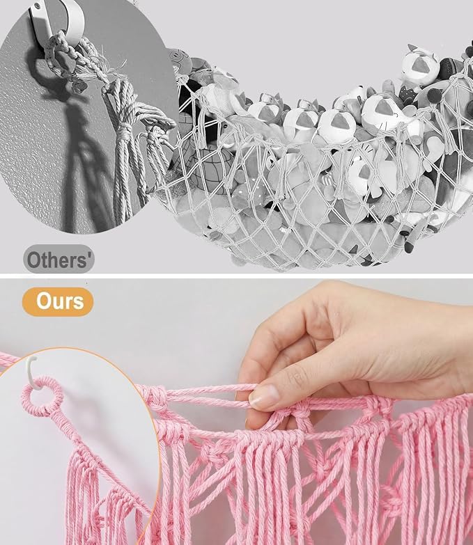 Stuffed Animal Net Hammock, Save Space Eliminate Clutter (Light pink) | Premium Cotton Hand-knitted plush hammock, Boho Stuffed Animal Storage for Nursery, Bedroom Decor, playrooms
