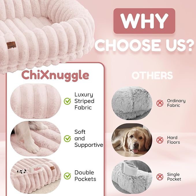 ChiXnuggle Orthopedic Human Dog Bed,Striped Faux Fur Washable Cover,Blanket | pink,72*40*10,giant dog bed for adult or extra large dogs,egg crate foam,non-slip bottom