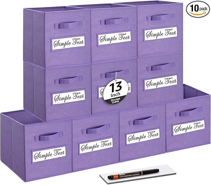 13x13x13 storage cube bins (Set of 10) Fabric storage cubes with 10 Labels Window Cards & a Pen, storage cubes 13x13, Collapsible 13 inch cube storage bins, Cubby Organizer Boxes, Purple