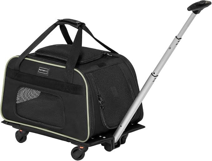 Petsfit Cat Carrier with Wheels, Removable Spinner Wheels, Up to 13 lb | Fits pets up to 15 L x 8 H in and 13 lb; removable spinner wheels, anti-sag frame, 4-sided mesh, safety tether and locks.