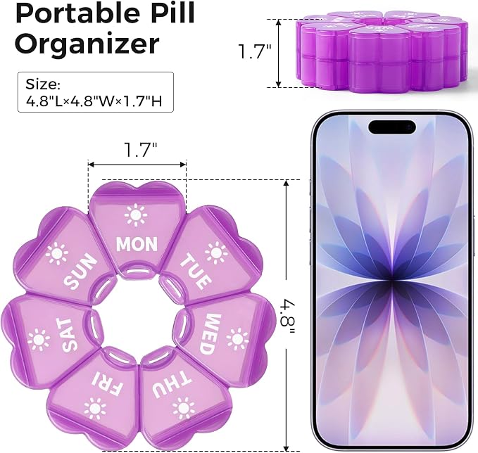 LANDNEOO Weekly Pill Organizer 2 Times a Day, Cute Double-Sided AM PM Pill Case 7 Day, Purple Travel Pill Box for Medication, Vitamins, Fish Oils, Supplements - Purple