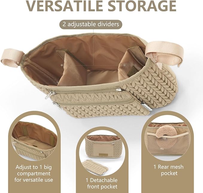 Stroller Organizer - Stylish 3D Herringbone Quilting Nylon, Universal Fit, Detachable Bag, Adjustable Multi-Storage for Baby Essentials