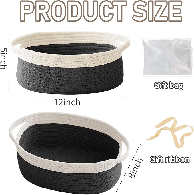 JMvicyroam Small Woven Basket, Empty Gift Basket, White&Black/1 Pack | Small Gift Basket, Cotton Rope, 12 x 8 x 60 in, Handles, Includes Ribbon and Bag, Birthday Gift Basket