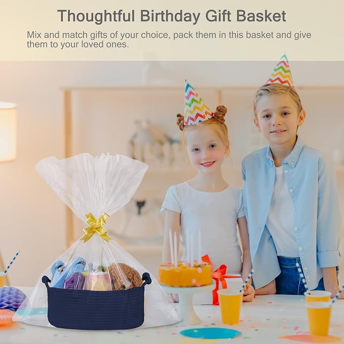 Small Empty Gift Basket with Bag & Ribbons, Navy Blue | 12“x8”x5”, Cotton Rope Woven Basket for Birthdays, Baby Showers, Mother's Day, Christmas; Stores Small Items, Kids & Pet Toys