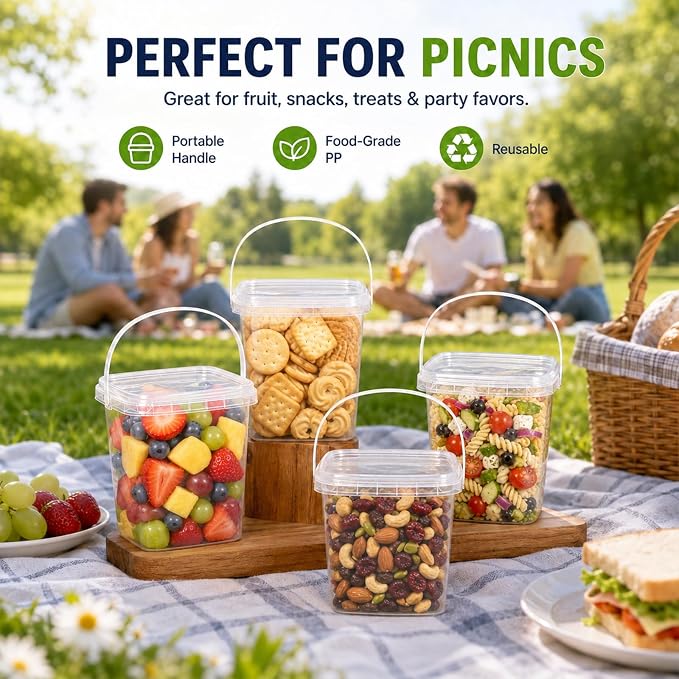 METAPACK 9.5 fl oz/280 ml Square Food Storage Container with Lid and Handle | Stackable Containers for Candy, Desserts, Party Favors, Kids Snacks, Kitchen Organization and Portable Food Storage