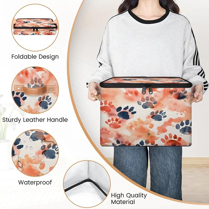 Storage Bins Animal Paw Print Storage Basket with Zipper Lid & Handle Foldable Storage Box Storage Cube Bin Clothes Organizer for Closet, Bedroom