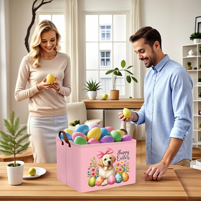 Large Cute Easter Basket for Kid Empty Gift Baby Rectangle Storage Bin Bunny Eggs Boy＆Girl Room Décor (Pink Dog)