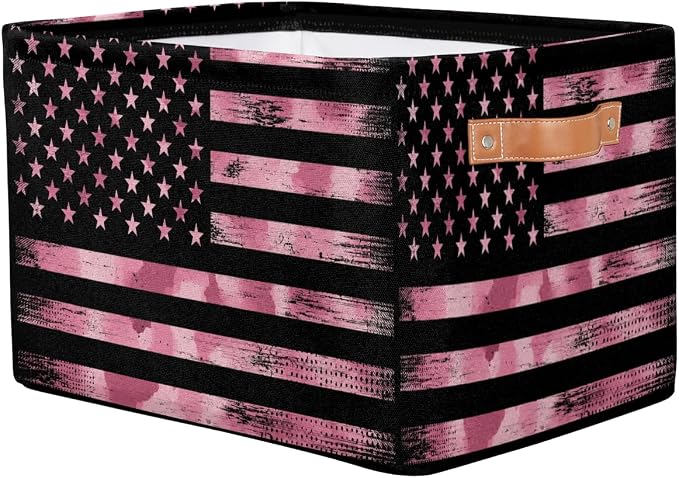 Pardick Flag Basket Storage Bins Rectangle Canvas Basket Cube Storage Box | Nursery Foldable Basket with Handle for Kids Girls Boys Toys Living Room Closet Organizer Shelf Gifts Camo Pink