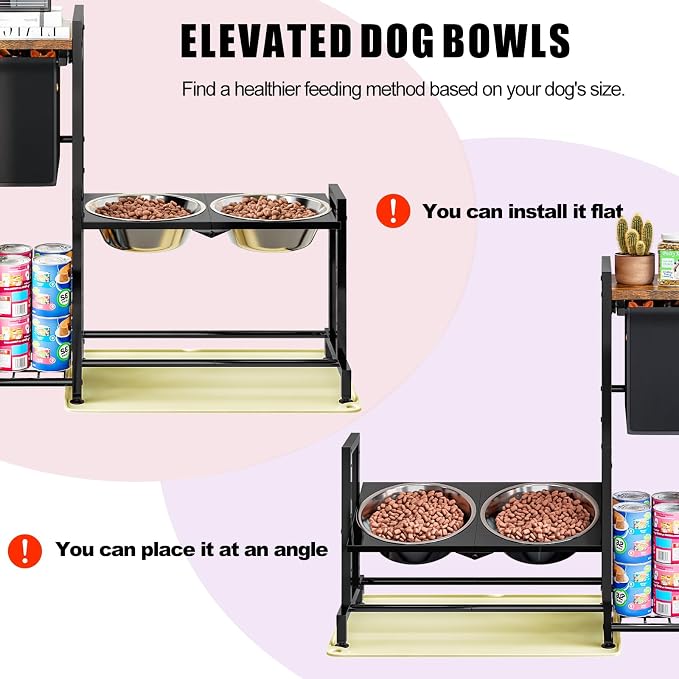 INGIORDAR Dog Bowls Elevated 3 Height Adjustable Feeding Station Storage | Metal Pet Food Feeder Dish Station Non-Slip Dog Bowl Stand Stainless Steel Food Water Bowl for Medium Large Small Dogs