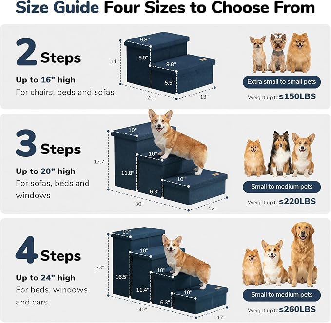 2-Step Wide Dog Stairs with Storage 11" H, Non-Slip Sturdy Pet Steps for Couch Chair, Dog Steps for Small/Medium Old Dogs, Cats, Rabbits Up to 150lbs, Foldable Cat Puppy Stairs for Car, Navy