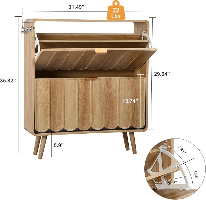 Shoe Storage Cabinet for Entryway with 2 Flip Drawers, Freestanding Narrow Wooden Shoe Cabinet with Wave Panel, Hidden Shoe Organizer for Foyer, Hallway (Natural)