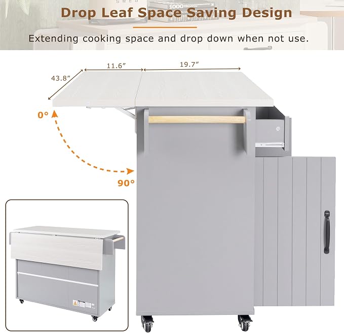 51" Rolling Kitchen Island with Storage - Kitchen Island on Wheels with Trash Can and Drop Leaf, Farmhouse Movable Kitchen Storage Islands & Carts with Towel Rack, Spice Rack, Grey