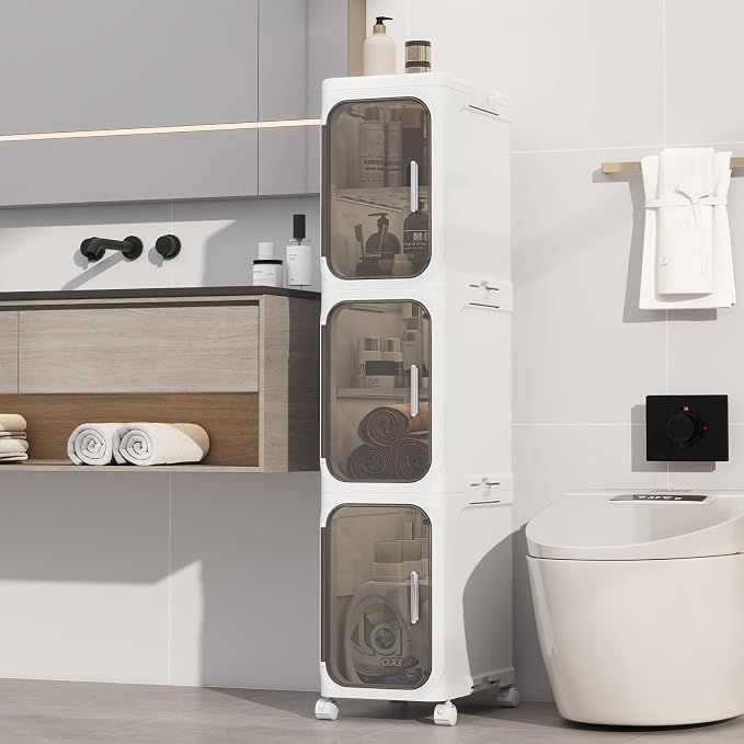 3 Tier Slim Bathroom Storage Cabinet, Foldable and Movable, White | Tools Free, ABS and PET, Magnetic Clear Door, Adjustable Shelves, Lockable Wheels, Water Resistant, For Narrow Space