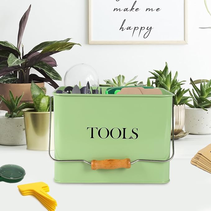 Garden Tool Organizer, Metal Tool Caddy with 3 Compartments, Portable Garden Tool Basket with Handle, Gardening Tool Kit Holder Empty, Garden Tool Storage for Indoor and Outdoor Use - Green