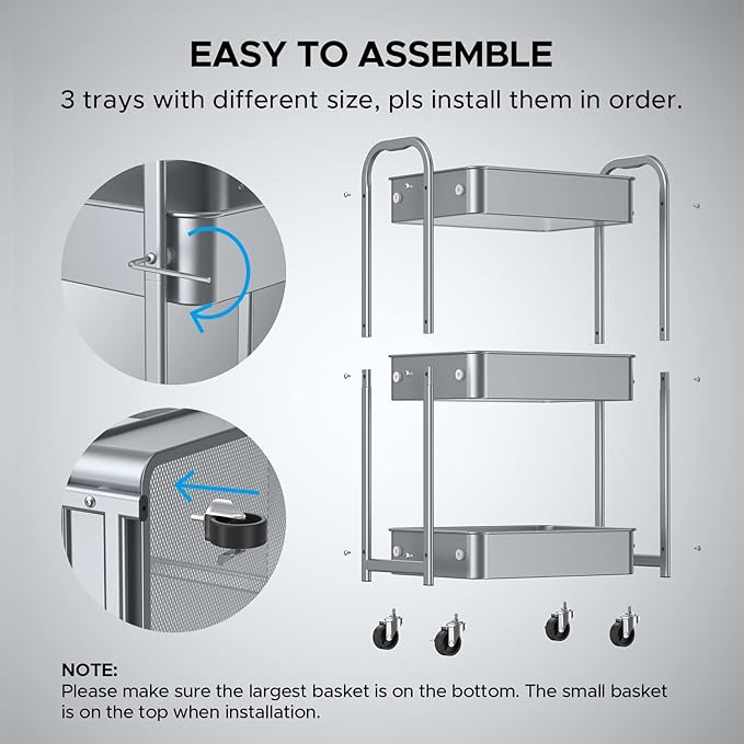 MAX Houser 3-Tier Rolling Utility Cart with Caster Wheels, Silvery-Grey | Easy Assembly, multi-purpose storage trolley for kitchen, rolling cart with smooth caster wheels for bathroom