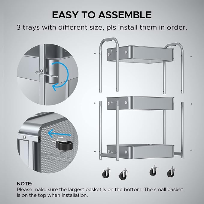 MAX Houser 3-Tier Rolling Utility Cart with Caster Wheels,Easy Assembly, for Kitchen, Bathroom (Silvery-Grey) (Pack of 3)