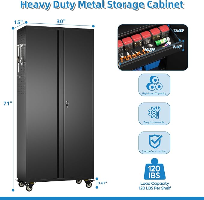 Reemoon Garage Storage Cabinet with Wheels and Doors,Lockable Metal Storage Cabinet with Drawer Pegboard and Hooks for Garage Warehouse Home,Required Assembly,Black,71" H×15" D×30" W