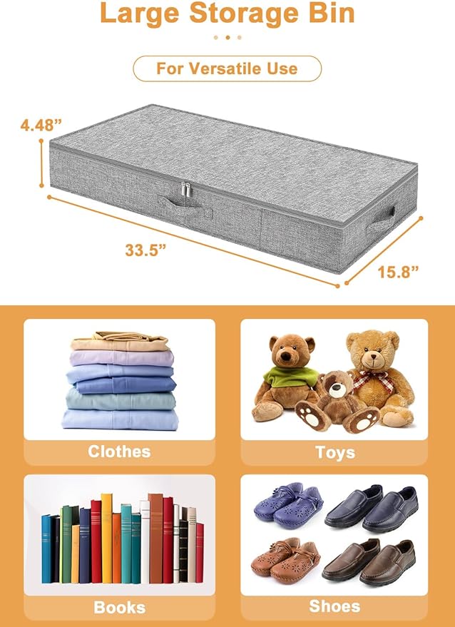 punemi 4.5 in Tall Low Profile Under Bed Storage Containers, 2 Pack, Grey | 40L Structured Clothes Organizer Bin with Reinforced Sides & Bottom, Shallow Design for Clothing & Blankets