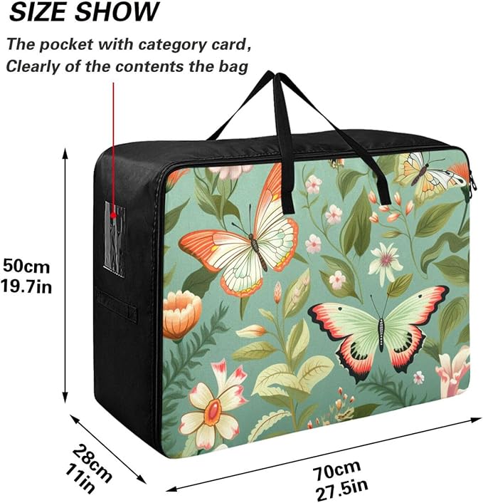 Comforter Storage Bags Large Folding Blanket Organizer Bag with Strong Handles Clear Window Closet Storage Containers for Clothes King Queen Pillows Bedding Quilt Duvet Sage Green Butterfly Flo