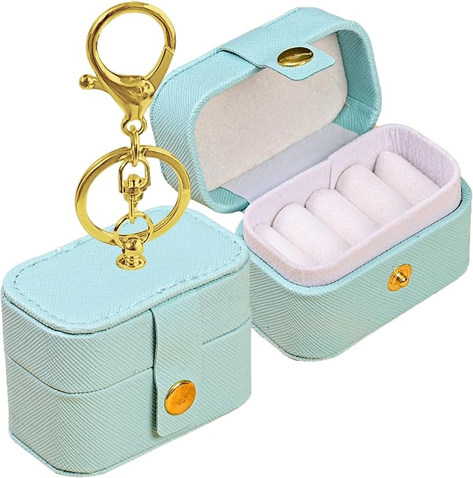 Wedding Ring Bearer Pillows Box for Dog Collar, PU Leather Travel Mini Ring Holder Pouch with Keychain Clip& Buckle Closure, Bridesmaid Gifts Jewelry Storage Case for Women Girls(Light blue)