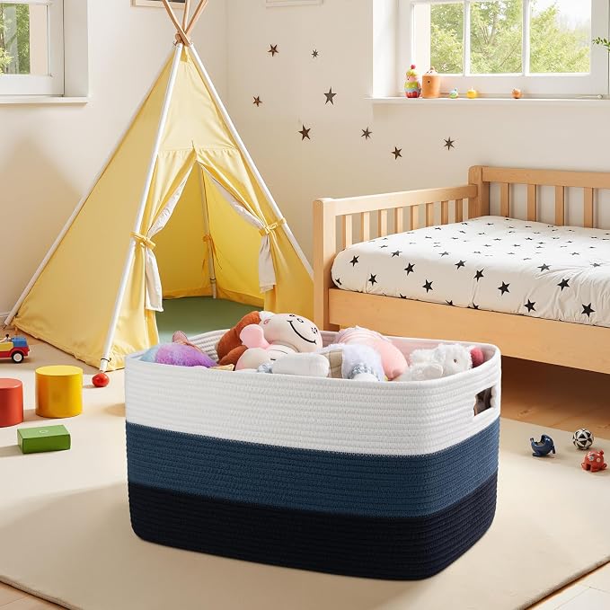 OIAHOMY Blanket Basket Laundry Basket Dog Toy Basket 75L Gradient Blue | Large Storage Basket,Baby Basket,Toy Storage,Woven Rope Basket for Blankets,Blanket Storage for Living Room