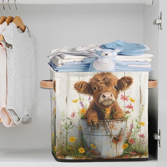 Farm Cute Cattle Cow Cube Storage Bin, 13 Inch Collapsible Fabric Storage Cubes Bin, Foldable Cube Baskets for Shelf, Closet, Organizer