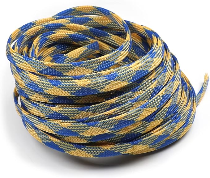 Jutagoss PET Expandable Braided Cable Sleeve, 32.8ft - 5/16 inch Blue Yellow Cable Management Sleeve, Wire Loom Tube Cord Protector for USB Cable, Power Cord, Audio Video and More, 1Pc