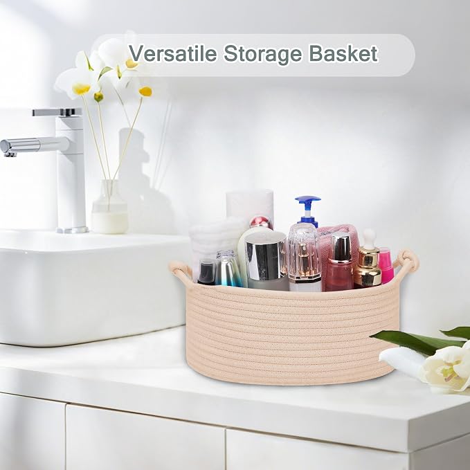 COMSE Small Gift Basket Empty with Bag & Ribbons, Solid Beige | Cotton Rope, 12"x 8"x 5", Pet Toy Storage Organizer, Woven Basket for Birthdays, Baby Showers, Mother’s Day, Valentine’s Day
