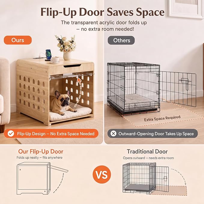 Modern Dog Crate Furniture Wooden Kennel with Charging Station End Table | Nightstand, Dog Cage, with Flip-Up Acrylic Door, Storage Drawer, for Medium Small Dogs, up to 50 lb, Living Room Bedroom, Oak