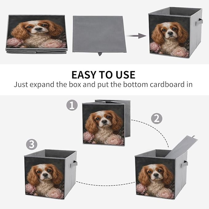 Cocker Spaniel With Peonies Storage Bin with Handles, Oxford Fabric Foldable Storage Cube Organizer for Clothes, Towels, Bedroom, Living Room, Home Organization