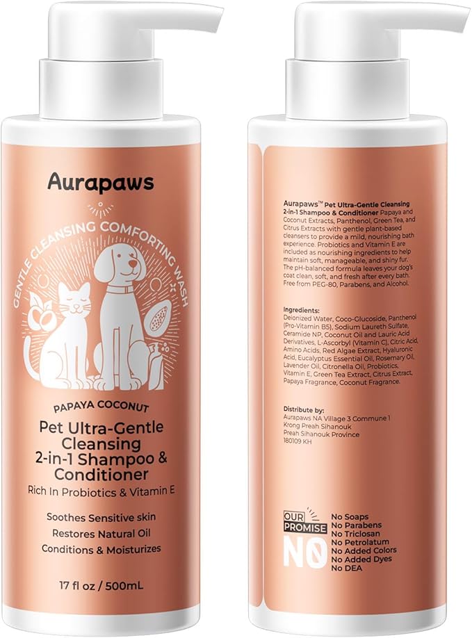 2-in-1 Dog Shampoo & Conditioner, Probiotic Pet Shampoo for Puppies & All Breeds, Hypoallergenic Formula for Sensitive Skin with Panthenol, Papaya Coconut Scent, 17oz, 2-Pack
