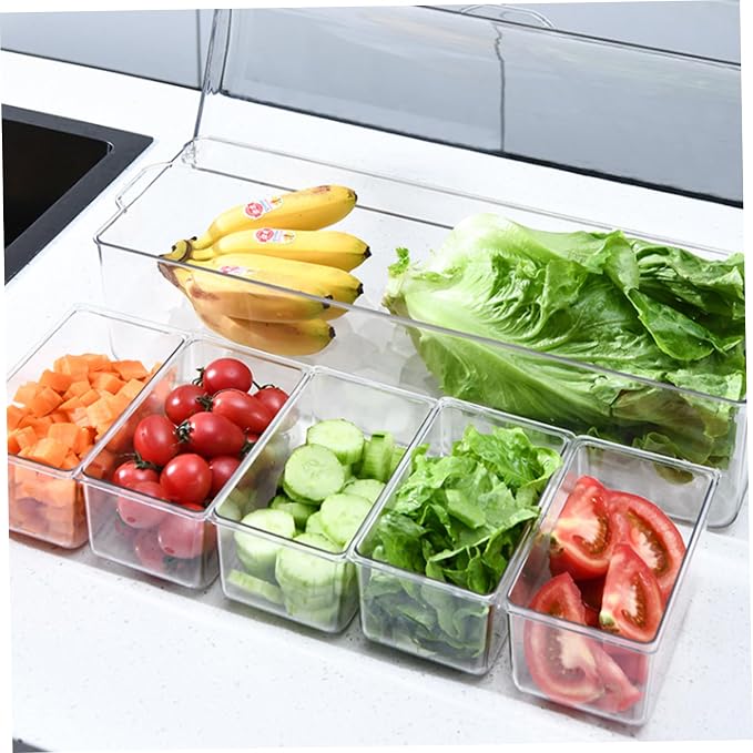 Chilled Condiment Server with Lid 5 Compartment Condiment Tray with Ice Chamber and Handle Food Grade PET Transparent Caddy for Bar Party, Tray with Ice Chamber