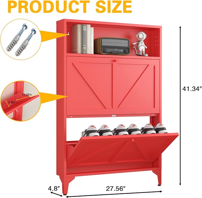 Shoe Cabinet with 2 Flip Drawers, Narrow Shoe Storage Cabinet, Farmhouse Shoe Organizer, Freestanding Organizer with Metal Legs for Entryway, Foyer (Red, 2 Door)